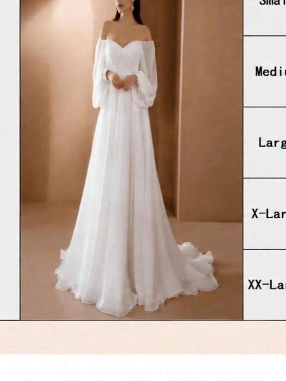 White Boho Women's Chiffon Off The Shoulder Long Sleeve A-Line Maxi Dress - Picture 9 of 9